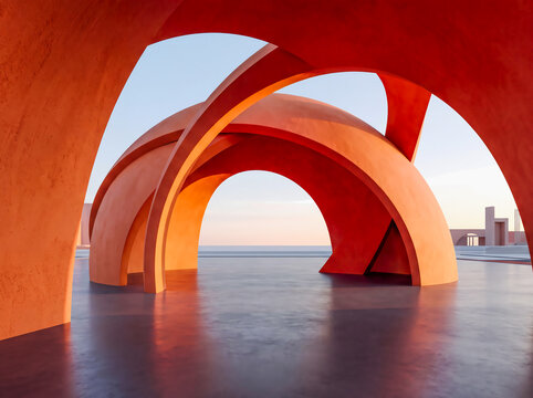Modern minimalist 3d render featuring red textured architectural arches framing a clear sky and calm horizon. Suitable for design backgrounds and concept art.