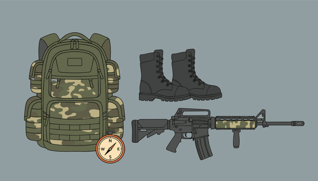 Tactical military and camping gear collection featuring camouflage backpack combat boots rifle and a compass.