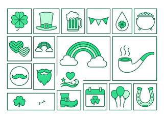 Obraz premium St. Patrick's Day Green Icon Collection with Shamrocks, Leprechaun Hat, and Rainbow