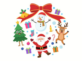 Naklejka premium Cute Christmas Character Illustration Set featuring Santa, Snowman, Reindeer, and Holiday Elements