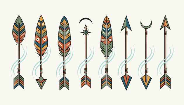 Set of decorative tribal arrows decorated with colorful feathers and patterns on a clean background.