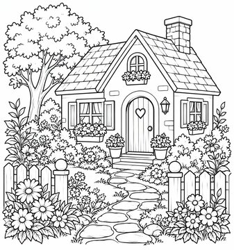 Black and white line art drawing of a cozy cottage house with a garden and tree