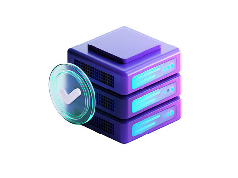 3D server rack icon with a glowing checkmark symbol for secure data storage and cloud hosting.