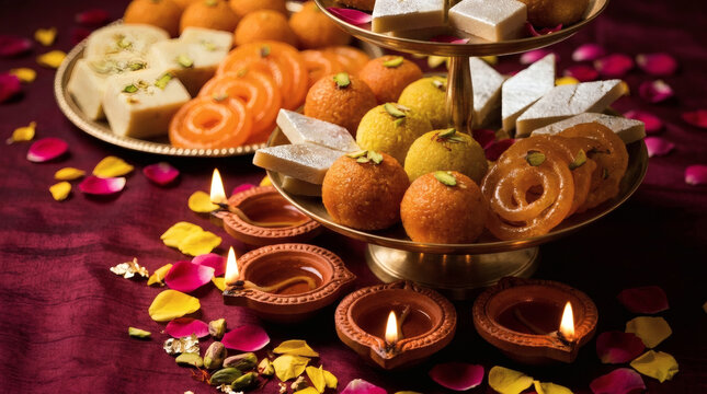 A variety of traditional Indian sweets including ladoo, jalebi, and barfi arranged on a decorative tiered plate, surrounded by flower petals and lit oil lamps for festive celebration.