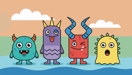 Obraz premium Four whimsical cartoon monsters standing together on a beach under a soft orange sky with white fluffy clouds.