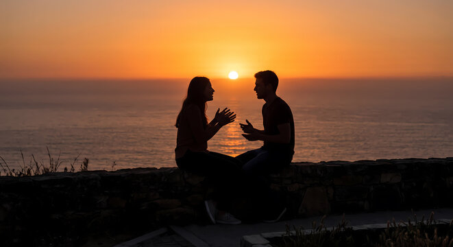 A young romantic couple sits together on a stone wall overlooking the ocean while they have an engaging conversation during the golden hour light as the sun sets over the distant sea horizon