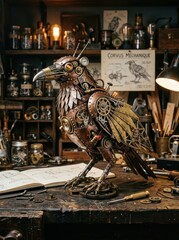Obraz premium A meticulously crafted steampunk raven sculpture sits on a wooden workbench in a dimly lit workshop.