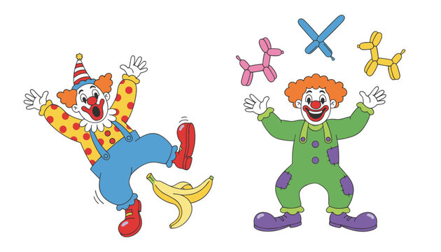 Two comical circus clowns, one slipping dramatically on a banana peel and the other juggling colorful balloon dogs.