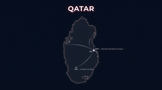 Digital Futuristic Map of Qatar Highlighting Major Airports and Flight Route Networks on Dark Background