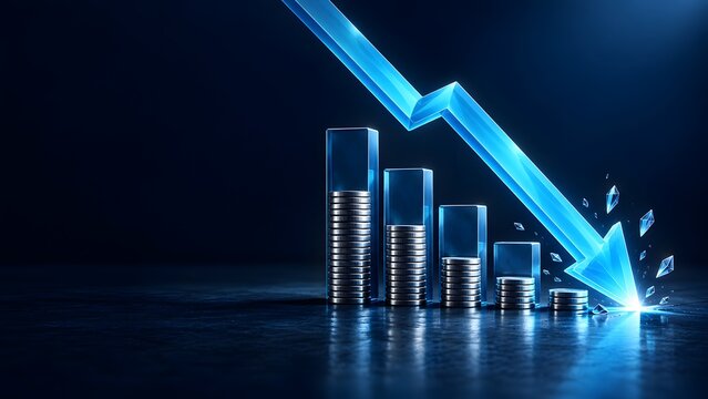 Glowing Downward Arrow Shattering Beside Coin Stacks Representing Financial Market Crash and Economic Downturn