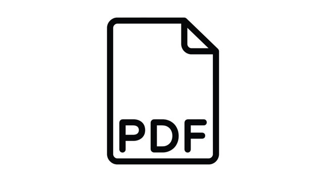 Minimalist digital pdf file icon illustrated with clean black outlines on a bright white background surface