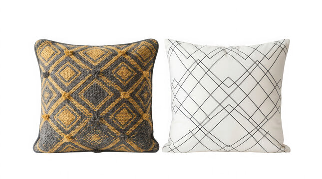 Two decorative square throw pillows with modern geometric patterns in yellow black and white colors
