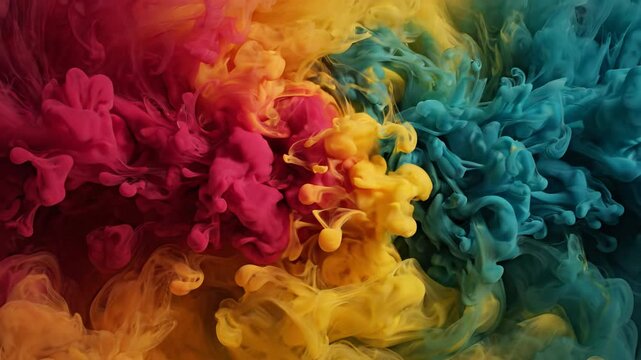 Vibrant Abstract Smoke Explosion Magenta, Yellow, Teal Mix Swirls Create Colorful Energetic Cloud Evoking Joy and Creative Energy, Dynamic Display of Color Movement