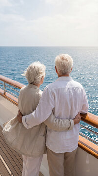 Senior couple enjoying a scenic ocean view from a cruise ship deck on a sunny day, dressed in light attire and wearing straw hats. They seem relaxed and content. Image made using Generative AI.