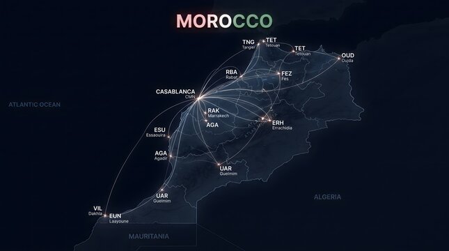 Digital Futuristic Map of Morocco Highlighting Major Airports and Flight Route Networks on Dark Background