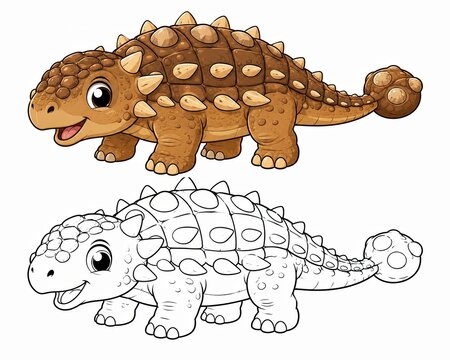 Cute cartoon ankylosaurus dinosaur character with a black and white line art version