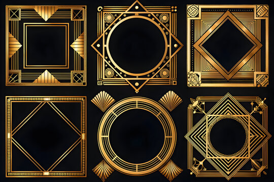 Vintage Art Deco Golden Frames Collection, Luxury Geometric Border Elements, Elegant Gatsby Style Metallic Badges Set