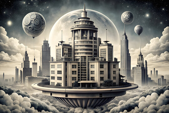Surreal retro futuristic floating city with art deco architecture, utopian dieselpunk floating metropolis above clouds, sci-fi fantasy landscape