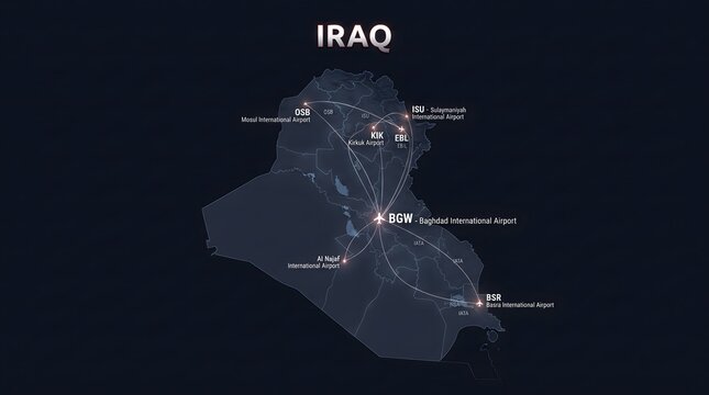 Digital Futuristic Map of Iraq Highlighting Major Airports and Flight Route Networks on Dark Background