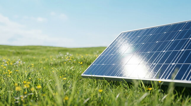 Solar panel converting sunlight into electricity in vibrant green meadow, symbolizing sustainable energy development.