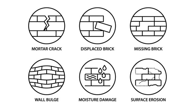 Six types of common wall and brick damage with labeled examples.