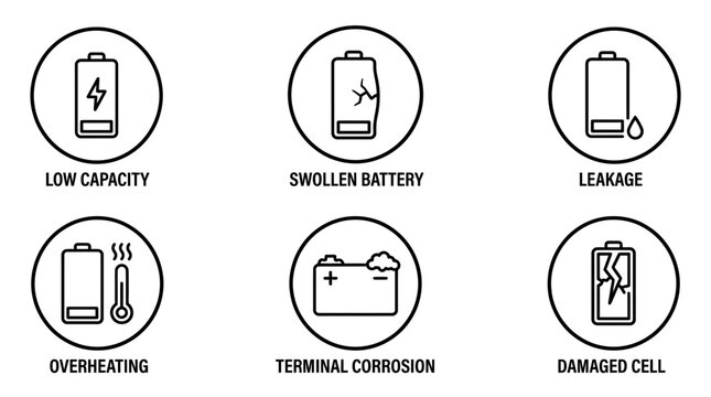 Eight battery status icons showing low capacity, swelling, leakage, overcharging, terminal corrosion, and damage.