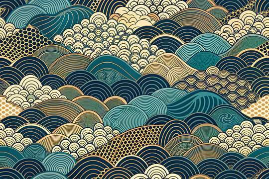 Japanese wave pattern in traditional ukiyo-e style, vintage oriental sea waves background, teal and gold asian ocean texture for textile design
