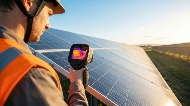 Engineer checking solar panels with thermal imager on solar farm, renewable energy maintenance concept.