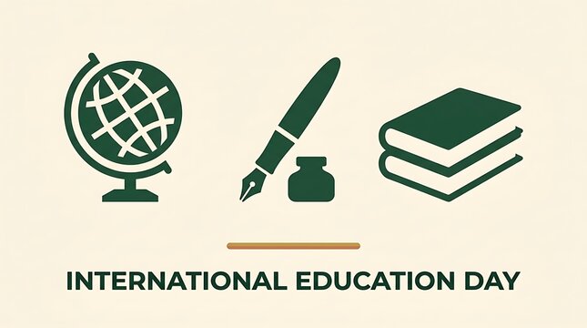 International education day vector illustration with globe, quill, and books
