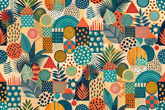 Retro abstract tropical pattern, colorful geometric shapes and exotic leaves, vintage mid-century modern botanical wallpaper, seamless summer textile design