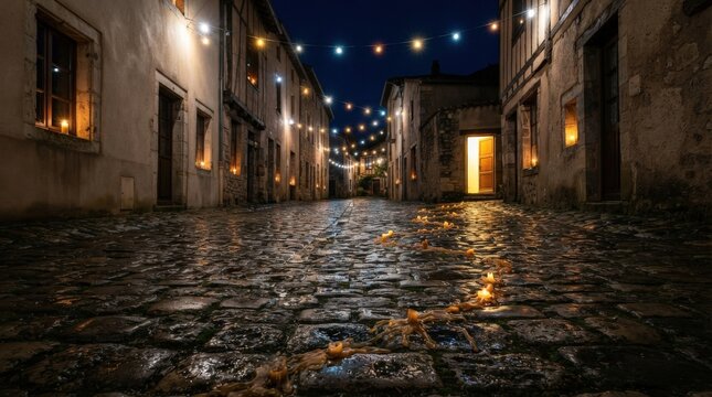Las Posadas Night Street Candle Wax Trail Wet Cobblestones Mexico Pilgrimage
