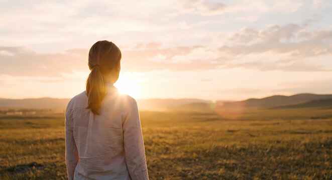A contemplative young woman stands in the vast grassy field while observing the radiant golden sun rising above the distant rolling hills during a peaceful morning in the countryside environment