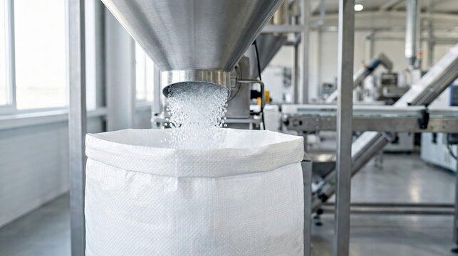 Plastic pellets filling large white bag in modern factory, industrial raw material production concept.