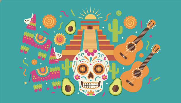Vibrant Mexican culture illustration with a decorated sugar skull, guitars, Aztec pyramid, pi�ata, cacti and avocados on blue.
