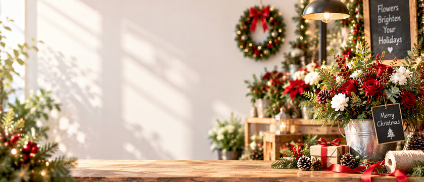 クリスマスフラワーとリースを飾った花屋のナチュラルな背景