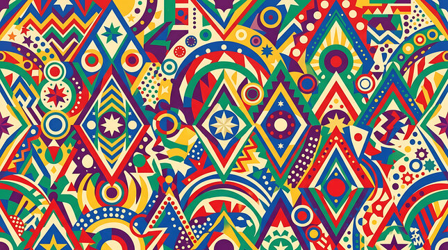 Intricate geometric seamless pattern featuring colorful diamonds, triangles, circles, and abstract shapes in a vibrant kaleidoscope style, complex repeating for textiles and wallpaper