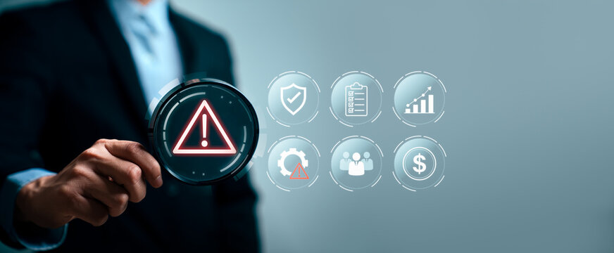 Business risk assessment concept with professional presenting warning alert interface and icons for compliance checklist, security, growth, team and financial risk management