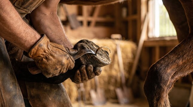 Skilled blacksmith cleaning and shaping a horse hoof with traditional tools for healthy foot care.