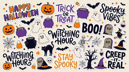 Fototapeta premium Colorful Halloween sticker set with playful ghosts, jack-o'-lanterns, black cats, and cauldrons featuring spooky hand-lettered quotes for festive seasonal crafts and holiday graphic design.