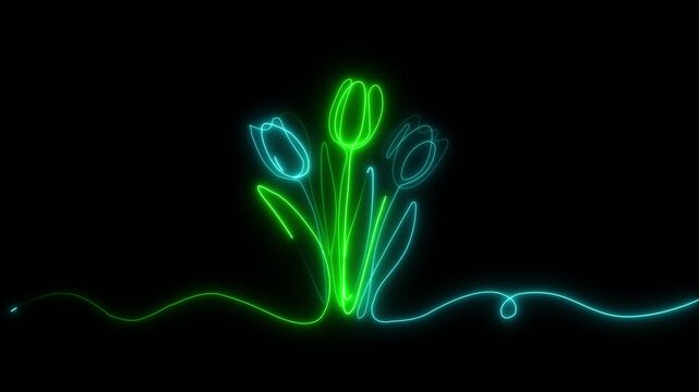 Triple tulip bouquet sketched via a vibrant cyan and green glowing one-line neon path against a solid dark background