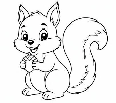 Cute cartoon squirrel holding a small acorn for children to color on white background