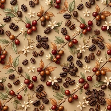 Beautiful coffee cherries and beans artistic seamless pattern design