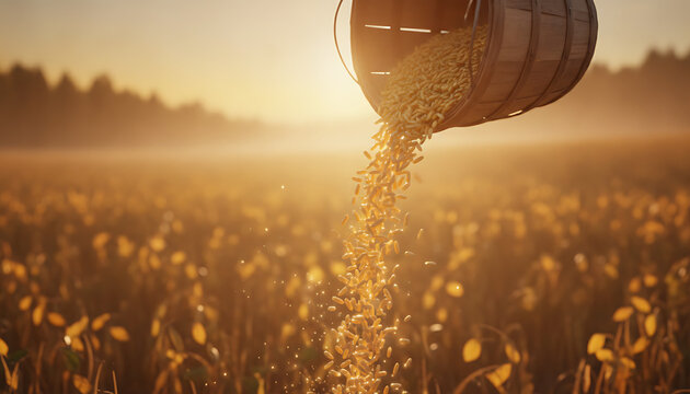 A picturesque sunset scene showcasing golden barley being harvested as it cascades from a wooden barrel in a serene sunlit field
