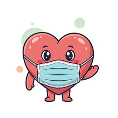 Fototapeta premium Cute Cartoon Heart Mascot Wearing Medical Face Mask Vector Illustration