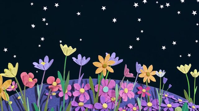 Whimsical stop-motion video of colorful paper flowers under a starry night sky. Side angle captures the vibrant, playful scene beautifully.