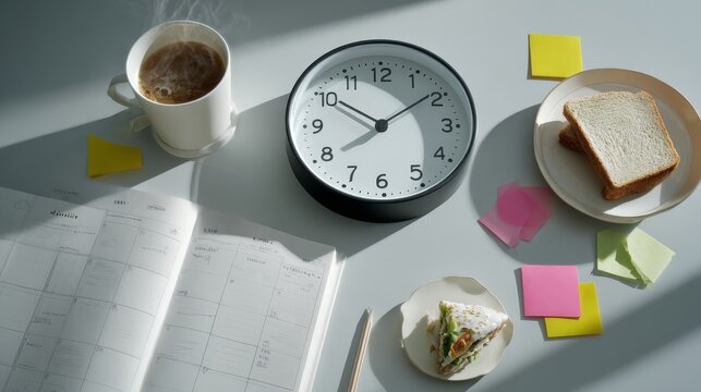 Modern analog wall clock showing exactly 12 o'clock surrounded by neatly arranged office supplies on light gray desktop surface, steaming coffee cup with visible aroma wisps beside open planner