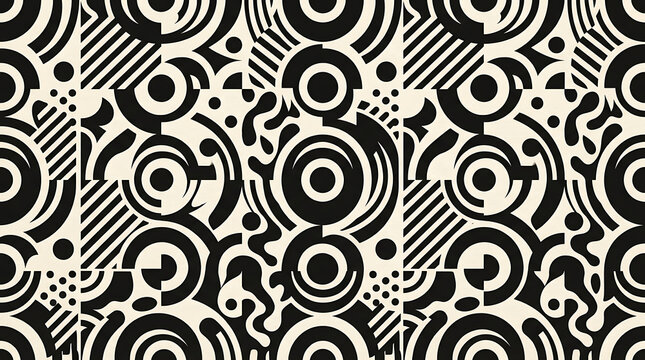 Seamless pattern featuring bold black and white geometric circles, curves, and striped rectangles in a contrast abstract layout for textile and surface projects
