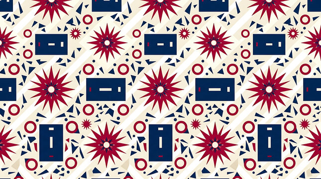 Seamless pattern featuring dark blue rectangles and red starburst shapes with small circles and triangles on a cream background, for geometric surface, and textile prints