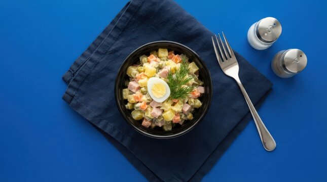 Olivier salad in a black bowl on a blue background with a fork and salt and pepper shakers