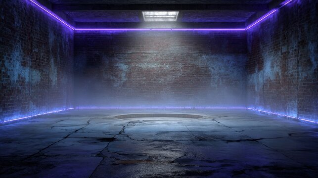 Square empty garage-like room with distressed brick walls on all sides, central area illuminated by single overhead purple spotlight creating circular pool of light on smooth concrete floor, blue